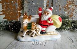 Vintage Rare Lefton Christmas Santa With Sleigh And Reindeer Planter Japan Nice