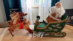 Vintage Rubber Face Santa Doll 2 Reindeer Wood Sleigh Folding Christmas Decor