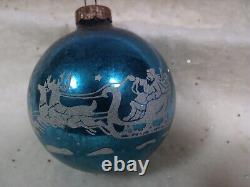 Vintage SHINY BRITE Blue Stenciled SANTA SLEIGH WITH REINDEER Ornament USA RARE