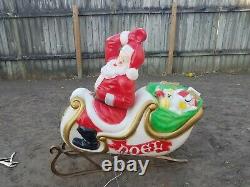Vintage Santa Claus Sleigh 9 Reindeer Noel Christmas Blow Mold Light Plastic Set