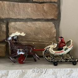 Vintage Santa Claus Sleigh & Reindeer Cast Iron Christmas Collectible Decor