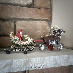 Vintage Santa Claus Sleigh & Reindeer Cast Iron Christmas Collectible Decor