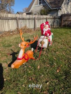 Vintage Santa Claus Sleigh Reindeer Christmas Blow Mold Plastic Outdoor Light Up