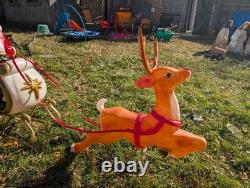 Vintage Santa Claus Sleigh Reindeer Christmas Blow Mold Plastic Outdoor Light Up