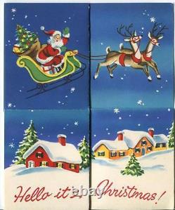 Vintage Santa Claus Sleigh Reindeer Night Star Snow Village House Card Art Print