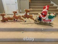 Vintage Santa Claus, Sleigh and 3 Reindeer Lighted Blow Mold Display