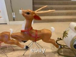Vintage Santa Claus, Sleigh and 3 Reindeer Lighted Blow Mold Display