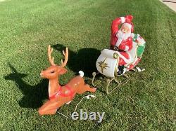 Vintage Santa Claus Sleigh with Reindeer Blow Mold Christmas