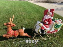 Vintage Santa Claus Sleigh with Reindeer Blow Mold Christmas