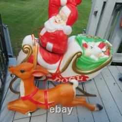 Vintage Santa Claus in Sleigh with Reindeer Lighted Christmas Blow Mold 37 in. VTG