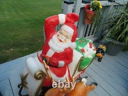 Vintage Santa Claus in Sleigh with Reindeer Lighted Christmas Blow Mold 37 in. VTG