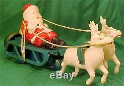 Vintage Santa Claus on Sleigh Windup Toy Celluloid Christmas Reindeer Bell Works