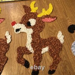 Vintage Santa Sleigh & 2 Rudolph Reindeer Melted Plastic Popcorn Christmas Decor