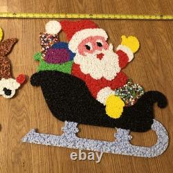 Vintage Santa Sleigh & 2 Rudolph Reindeer Melted Plastic Popcorn Christmas Decor