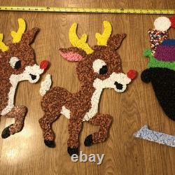 Vintage Santa Sleigh & 2 Rudolph Reindeer Melted Plastic Popcorn Christmas Decor