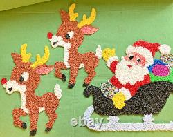Vintage Santa Sleigh & 2 Rudolph Reindeer Melted Plastic Popcorn Decorations