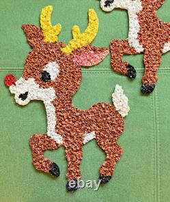 Vintage Santa Sleigh & 2 Rudolph Reindeer Melted Plastic Popcorn Decorations