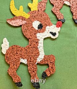 Vintage Santa Sleigh & 2 Rudolph Reindeer Melted Plastic Popcorn Decorations