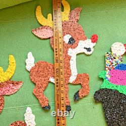 Vintage Santa Sleigh & 2 Rudolph Reindeer Melted Plastic Popcorn Decorations