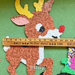 Vintage Santa Sleigh & 2 Rudolph Reindeer Melted Plastic Popcorn Decorations