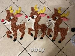 Vintage Santa Sleigh & 3 Reindeers Melted Plastic Popcorn Christmas Decor 1970