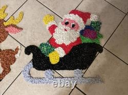 Vintage Santa Sleigh & 3 Reindeers Melted Plastic Popcorn Christmas Decor 1970