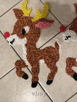 Vintage Santa Sleigh & 3 Reindeers Melted Plastic Popcorn Christmas Decor 1970