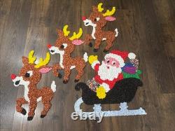 Vintage Santa Sleigh & 3 Rudolph Reindeer Melted Plastic Popcorn