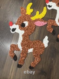 Vintage Santa Sleigh & 3 Rudolph Reindeer Melted Plastic Popcorn