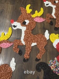 Vintage Santa Sleigh & 3 Rudolph Reindeer Melted Plastic Popcorn