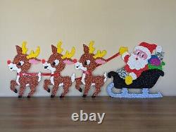 Vintage Santa Sleigh & 3 Rudolph Reindeer Melted Plastic Popcorn Christmas Decor