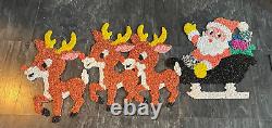 Vintage Santa Sleigh & 3 Rudolph Reindeer Melted Plastic Popcorn Christmas Decor