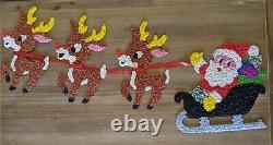 Vintage Santa Sleigh & 3 Rudolph Reindeer Melted Plastic Popcorn Christmas Decor