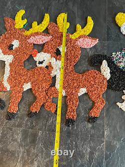 Vintage Santa Sleigh & 3 Rudolph Reindeer Melted Plastic Popcorn Christmas Decor