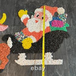 Vintage Santa Sleigh & 3 Rudolph Reindeer Melted Plastic Popcorn Christmas Decor