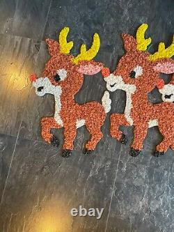Vintage Santa Sleigh & 3 Rudolph Reindeer Melted Plastic Popcorn Christmas Decor