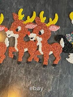 Vintage Santa Sleigh & 3 Rudolph Reindeer Melted Plastic Popcorn Christmas Decor