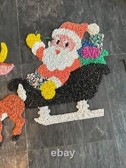Vintage Santa Sleigh & 3 Rudolph Reindeer Melted Plastic Popcorn Christmas Decor