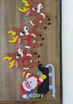 Vintage Santa Sleigh & 3 Rudolph Reindeer Melted Plastic Popcorn Christmas Decor