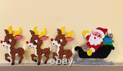 Vintage Santa Sleigh & 3 Rudolph Reindeer Melted Plastic Popcorn with Instructions