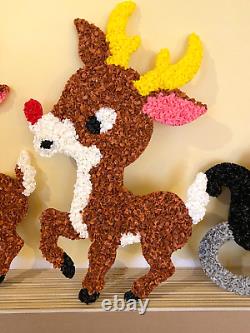 Vintage Santa Sleigh & 3 Rudolph Reindeer Melted Plastic Popcorn with Instructions