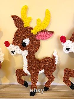 Vintage Santa Sleigh & 3 Rudolph Reindeer Melted Plastic Popcorn with Instructions