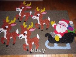 Vintage Santa Sleigh & 4 Rudolph Reindeer Melted Plastic Popcorn Wall Decoration