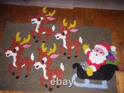 Vintage Santa Sleigh & 4 Rudolph Reindeer Melted Plastic Popcorn Wall Decoration