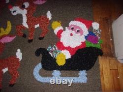 Vintage Santa Sleigh & 4 Rudolph Reindeer Melted Plastic Popcorn Wall Decoration