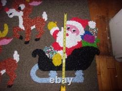 Vintage Santa Sleigh & 4 Rudolph Reindeer Melted Plastic Popcorn Wall Decoration