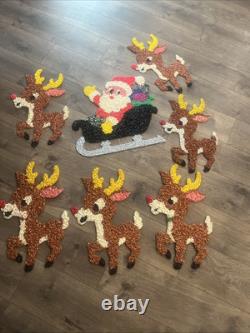 Vintage Santa Sleigh & 6 Rudolph Reindeer Melted Plastic Popcorn Christmas Decor