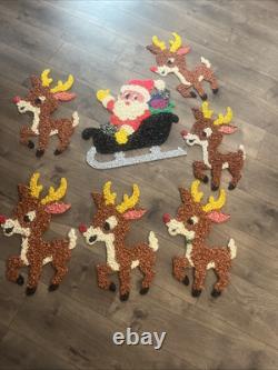 Vintage Santa Sleigh & 6 Rudolph Reindeer Melted Plastic Popcorn Christmas Decor