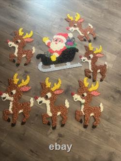 Vintage Santa Sleigh & 6 Rudolph Reindeer Melted Plastic Popcorn Christmas Decor