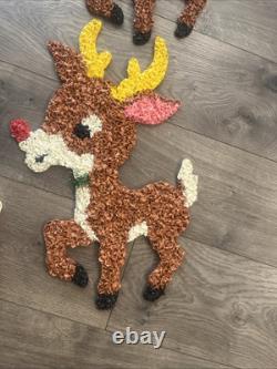 Vintage Santa Sleigh & 6 Rudolph Reindeer Melted Plastic Popcorn Christmas Decor